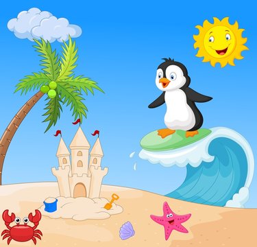 Happy penguin cartoon surfing