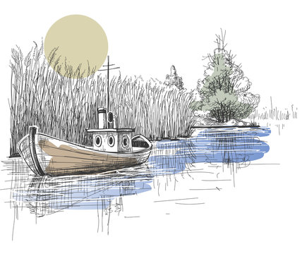 Boat on lake, river vector