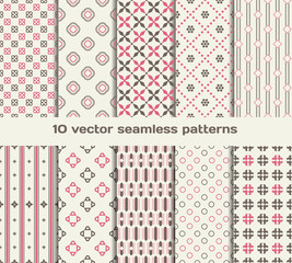 10 retro vector seamless patterns. Set of pink geometric ornamen