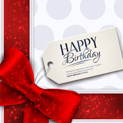 Vector birthday card with red ribbon and birthday text on tag.