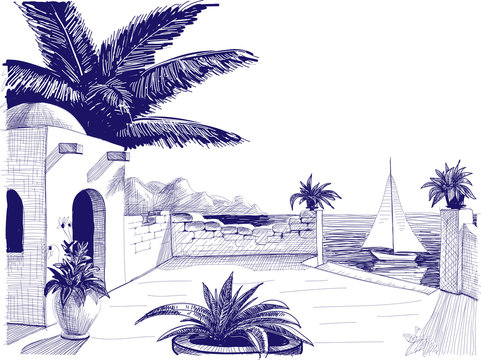 Sea View From House Terrace On The Beach Sketch