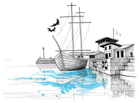 Harbor sketch, boat on shore vector illustration
