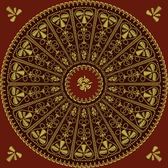 vector circle lace pattern of gold embroidery on a red backgroun