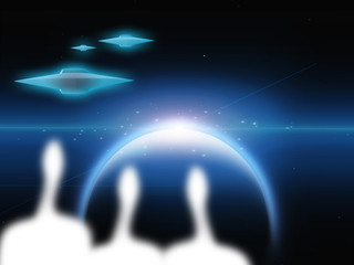 Aliens and alien planet with ships