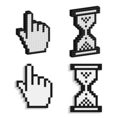 Pixel cursors icons, 3D pointing hand and hourglass © Yuzach