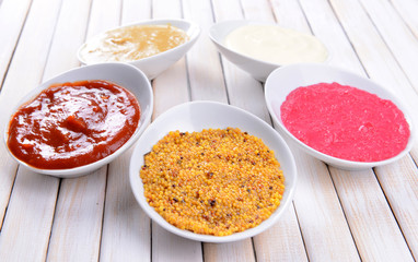 Various sauces on table close-up