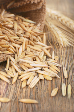 Rye grains and ears on table, close-up