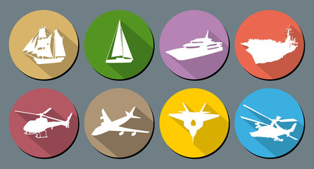 Round vector icons water and air transport