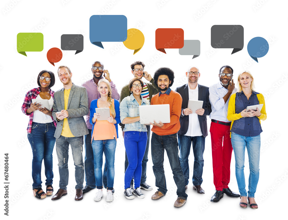 Poster diverse people social networking and empty speech bubbles
