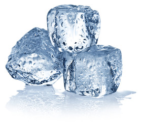 Three ice cubes on white background.
