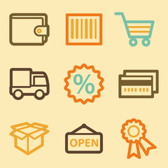 Shopping web icons set in retro style