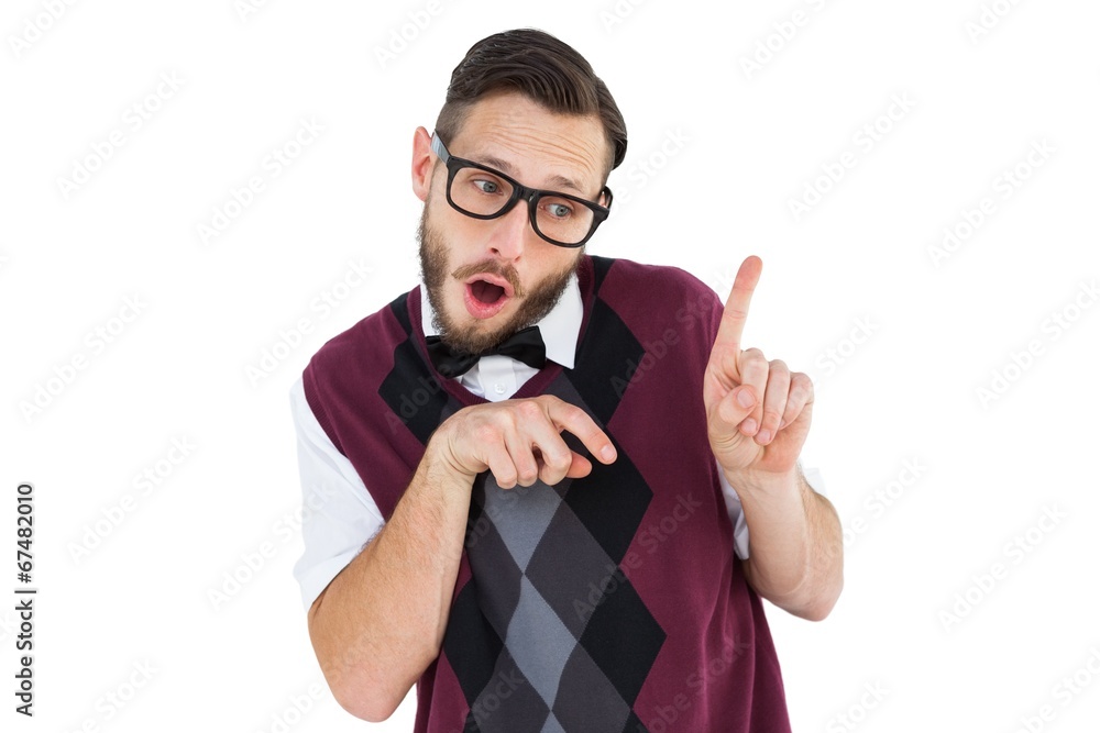 Aufkleber geeky hipster in sweater vest pointing