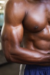 Fototapeta na wymiar Shirtless muscular man flexing muscles