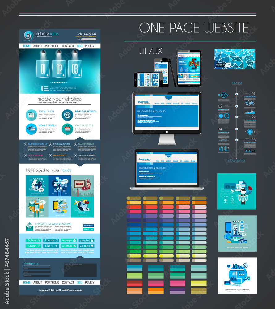 Poster one page website flat ui ux design template