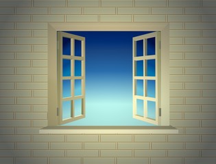 Opened two parts window at brick wall background