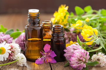 essential oils and medical flowers herbs - obrazy, fototapety, plakaty