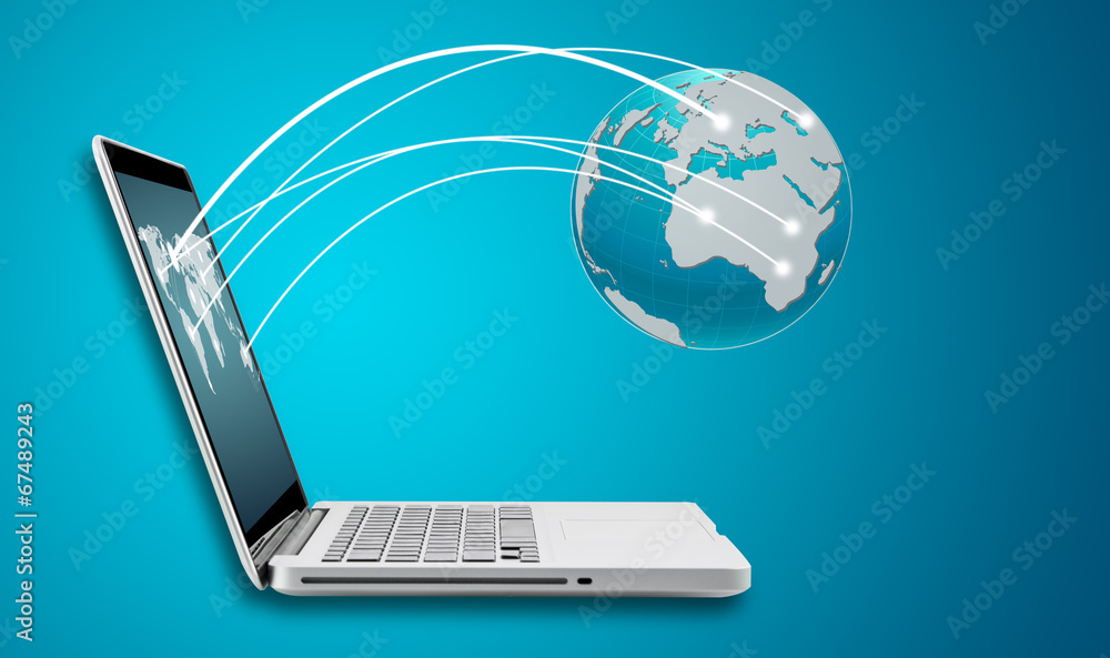 Poster technology computer laptop and networking concept with map
