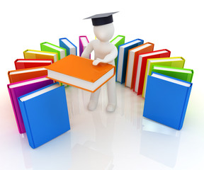 3d white man in a graduation hat with useful books - best gift a