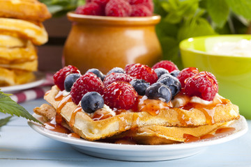 Homemade waffles with fruit
