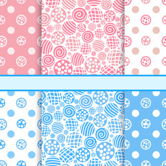 Fototapeta premium Pink and blue set of polka dot fabric seamless patterns - vector