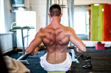 muscular man on daily workout routine at gym, close-up of back