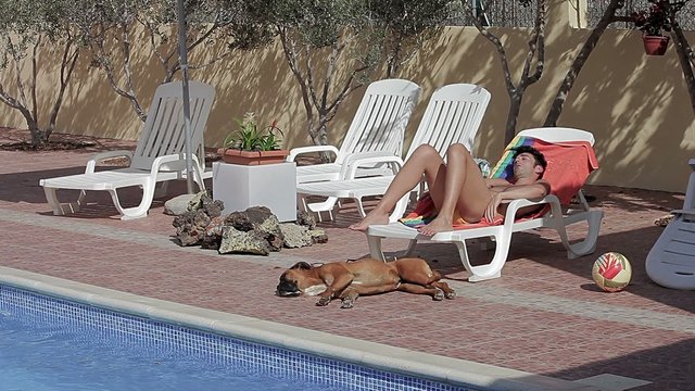 Man sleeping with dog by the pool