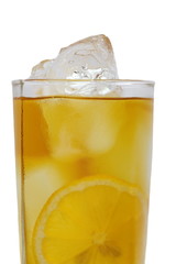 glass of ice tea with lemon on white background