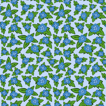 Vector blue floral seamless pattern - flower with leaves backgro
