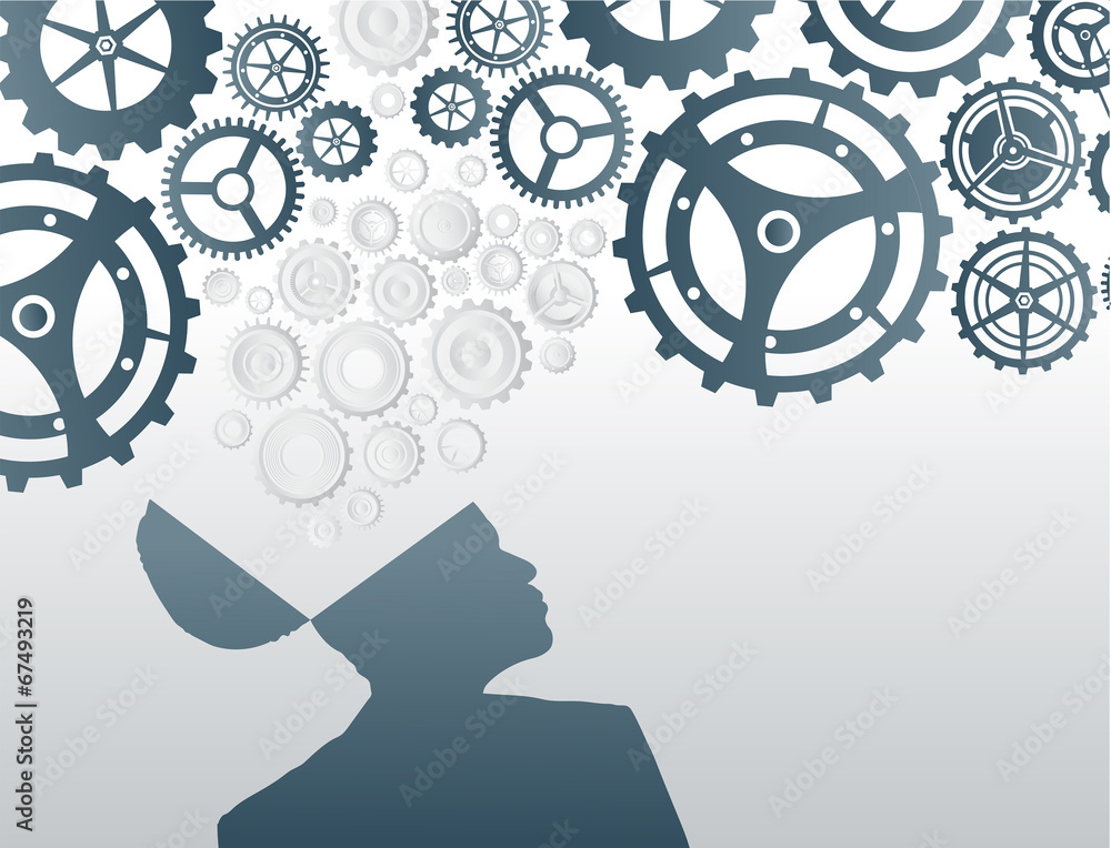 Poster man thinking about cogs and wheels