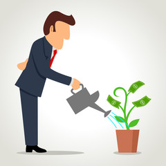 Simple cartoon of a businessman watering a money plant