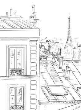 Street in paris. Eiffel tower -sketch  illustration