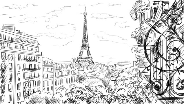 Street in paris. Eiffel tower -sketch  illustration