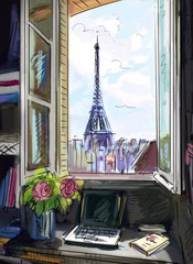 Naklejki  Street in paris. Eiffel tower - illustration