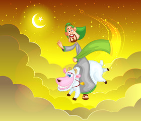 Muslim man ridding on sheep wishing Eid mubarak
