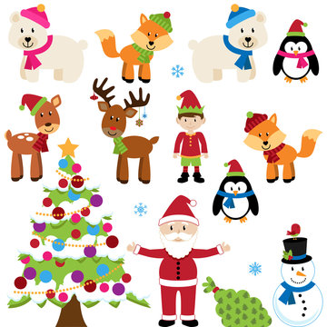 Vector Set of Christmas Animals, Santa Claus and Tree