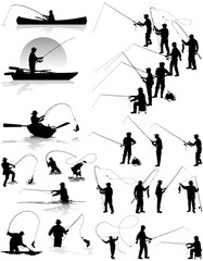 Fisherman vector silhouettes - obrazy, fototapety, plakaty