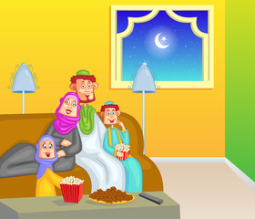 Obraz na płótnie Canvas Happy muslim family enjoying iftar for Eid celebration