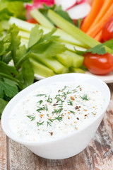 yoghurt sauce with mustard for fresh vegetables, vertical