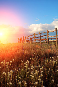 Fence in the green field under blue cloud sky