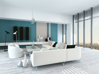 Fototapeta na wymiar Pretty blue and white living room interior