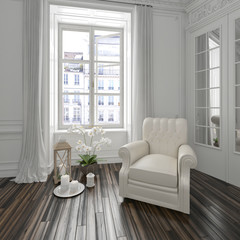Fototapeta premium Bright airy white townhouse living room interior