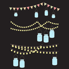 Vector Set of Hanging Glass Jar Lights and Bunting - obrazy, fototapety, plakaty