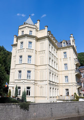 A yellow building in the Neo Gothic style. Karlovy Vary. Czech R