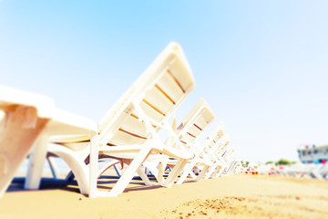 Sun sunbeds on the Turkish resort