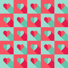 Blue and pink hearts in flat style with long shadows