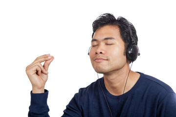 Asian man happy  listen to music do finger snapping