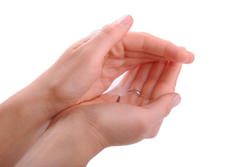 Seed looking like a big dandelion one under woman's hands protec