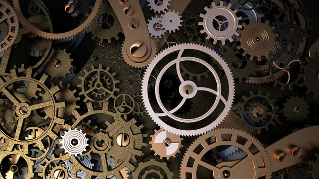Background with metal cogwheels a clockwork. Macro, extreme closeup clock mechanism
