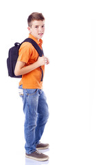 Full body portrait of a smiling school boy with backpack, isolat