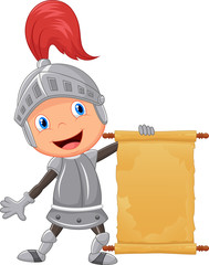 Cartoon knight boy holding blank announcement